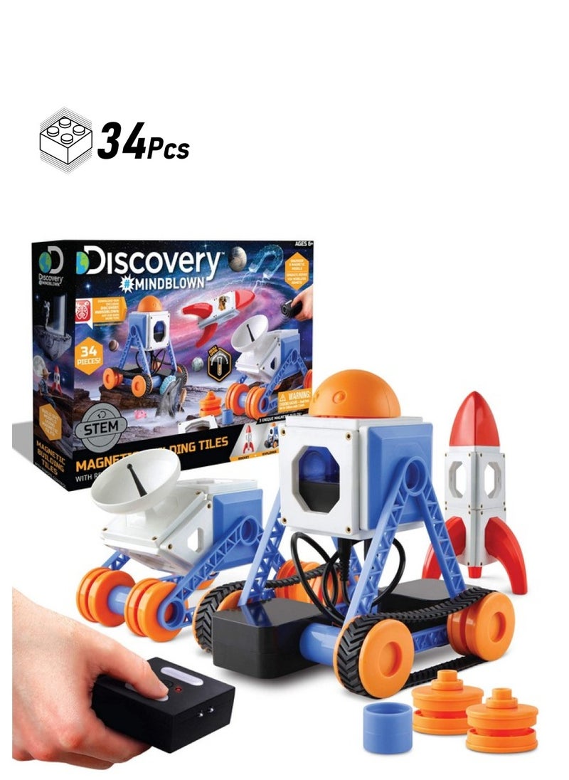 Discovery Kids Discovery Mindblown Customizable Magnetic Building Tiles With Remote Control 34Piece Play Set Build 3 Intergalactic Models Includes 2 Powered Motors Stem Toy For Boys And Girls  - Image 1