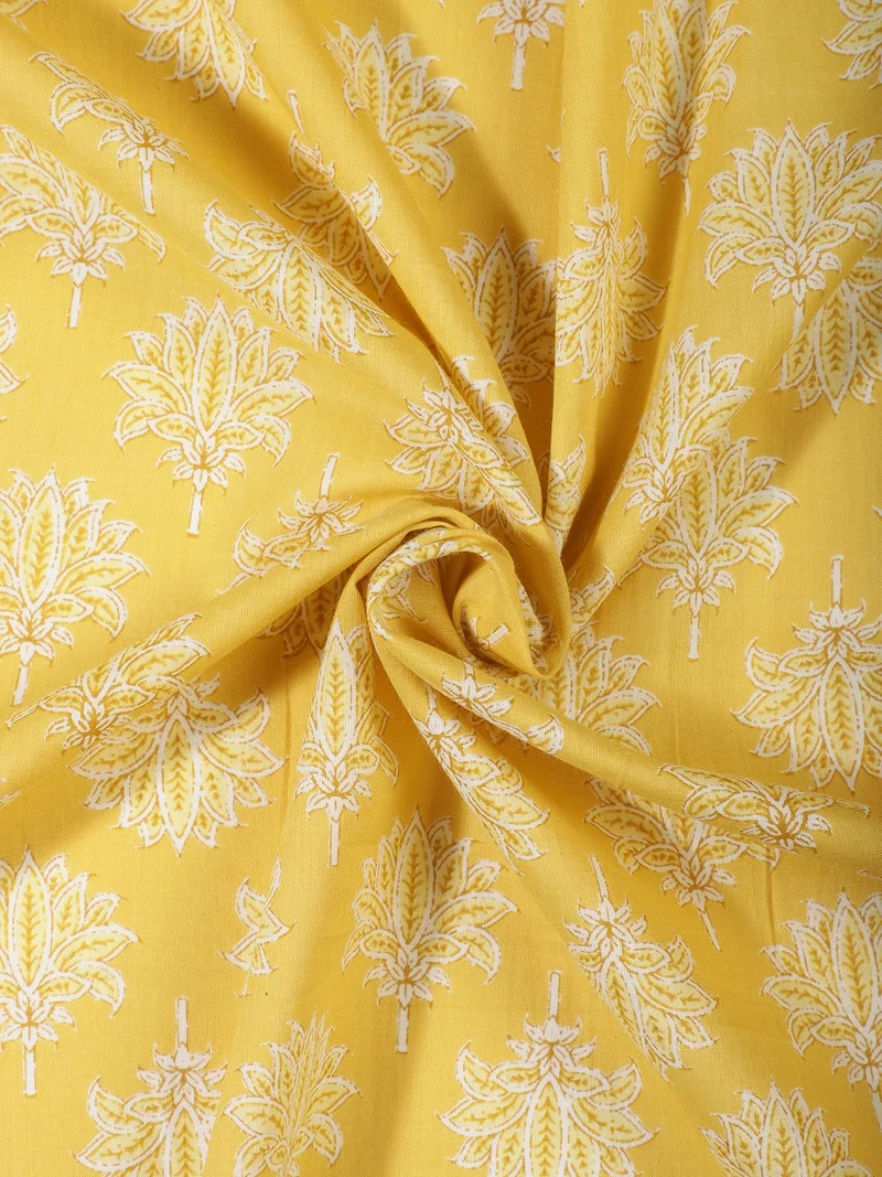أيه كيه إس Floral Buta Print Fabric, Mustard Yellow, One Meter