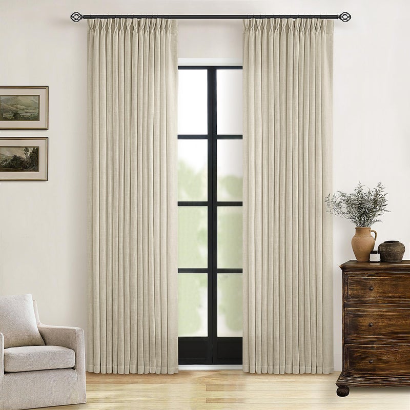 TWODRAPES 108 Inch Linen Curtains 2 Panels Set Pinch Pleated Living Room Bedroom Memory Training Shaped Semi Sheer Neutral Beige Tan Flax Burlap Pleat Drapes Hooks Rings Light Filtering Window Curtain - Image 1