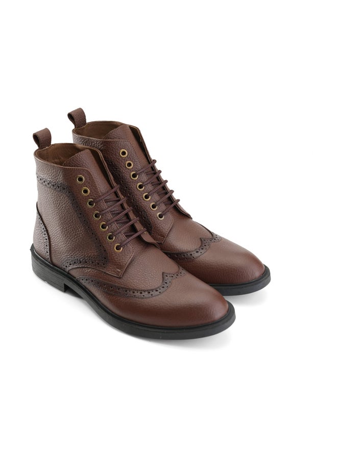 Crest Brogue High Boots Genuine Leather- Brown