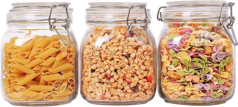ComSaf Airtight Glass Canister Set of 3 with Lids 34oz Food Storage Jar Square - Storage Container with Clear Preserving Seal Wire Clip Fastening for Kitchen Canning Cereal,Pasta,Sugar,Beans,Spice - Image 1