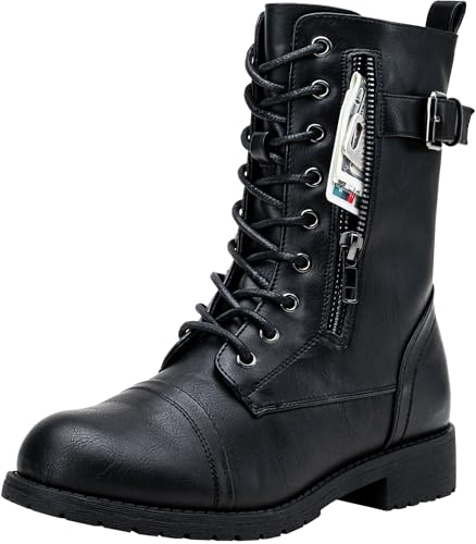Vepose Women's Black Combat Boots Low Heel, Mid Calf Military Boots, 928 Size 8.5 US - with Card Knife Wallet Pocket (CJY928 Black 08.5) - Image 1
