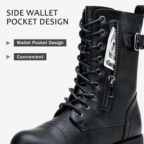 Vepose Women's Black Combat Boots Low Heel, Mid Calf Military Boots, 928 Size 8.5 US - with Card Knife Wallet Pocket (CJY928 Black 08.5) - Image 5