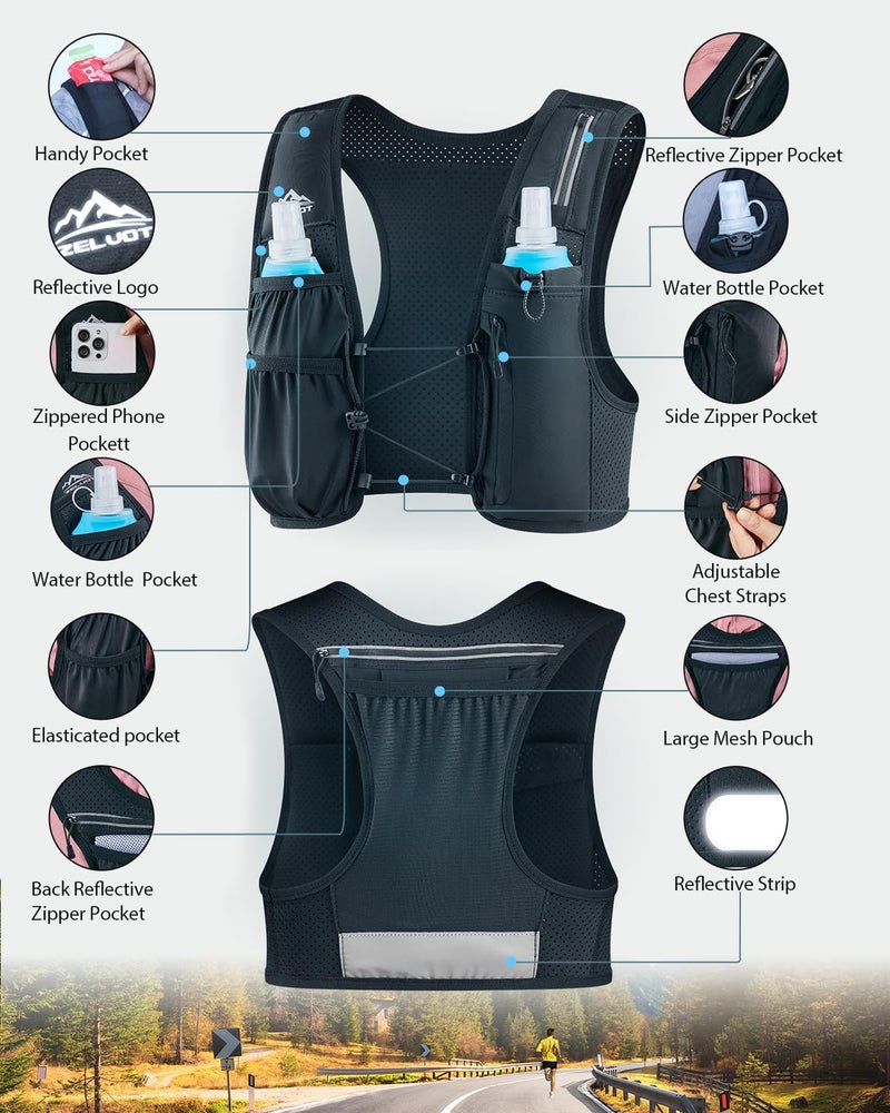 Zelvot Running Vest for Women Men, USA Original Patent, Adjustable Chest Straps Running Hydration Vest with 500ml Soft Flask, Lightweight Reflective Hydration Backpack for Marathon (Black, L/XL) - Image 5