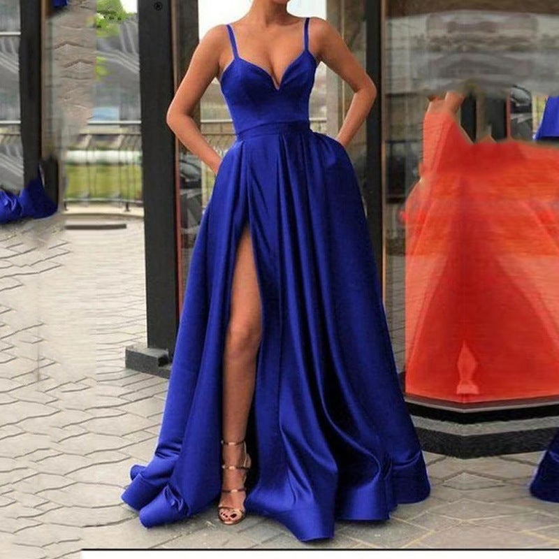 2024 Spring Slim Satin Evening Gown Blue - Image 1