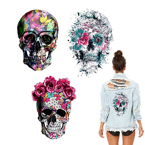 Adonisaon Skull Stickers Patches Halloween Supplies Red Rose Flower Butterfly Feather Iron on Heat Transfer Decals for Jacket Jeans Clothes DIY Decorations 3 Large Size Decals - Image 1