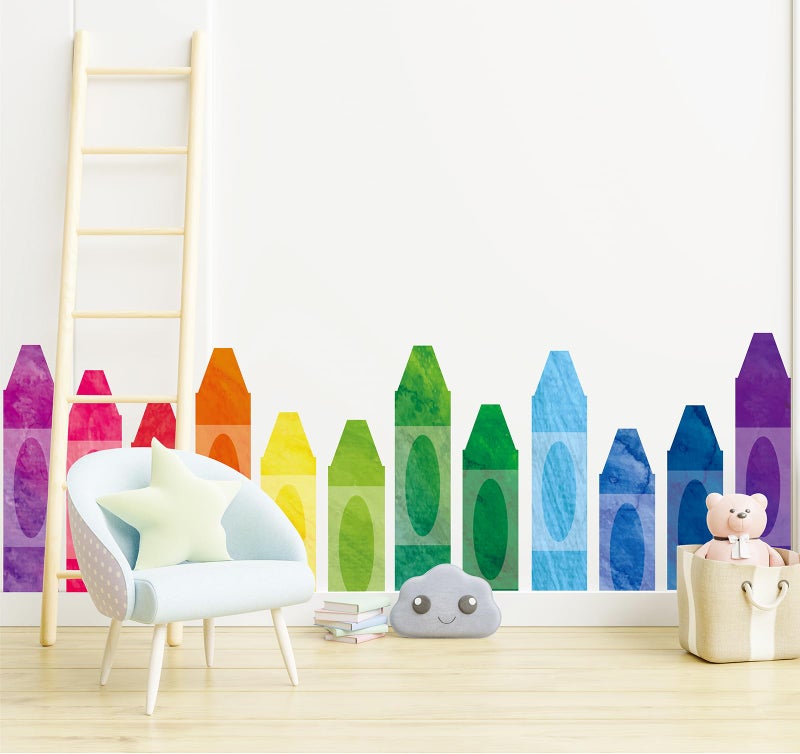 Whaline 8 Sheet Crayons Wall Decals Waterproof Watercolor Crayons Wall Stickers Educational Wall Corner Stickers Removable for Playroom Classroom Living Room Blackboard Decor
