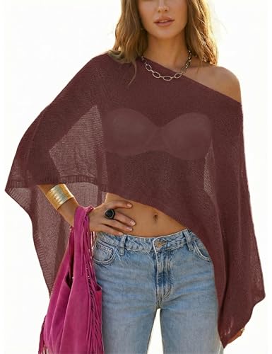 WeciBor Women's Wine Red Sheer Poncho Tops Y2K Lightweight Shrug Cover Up Knit Bolero for Beach Vacation Clothing - Image 1