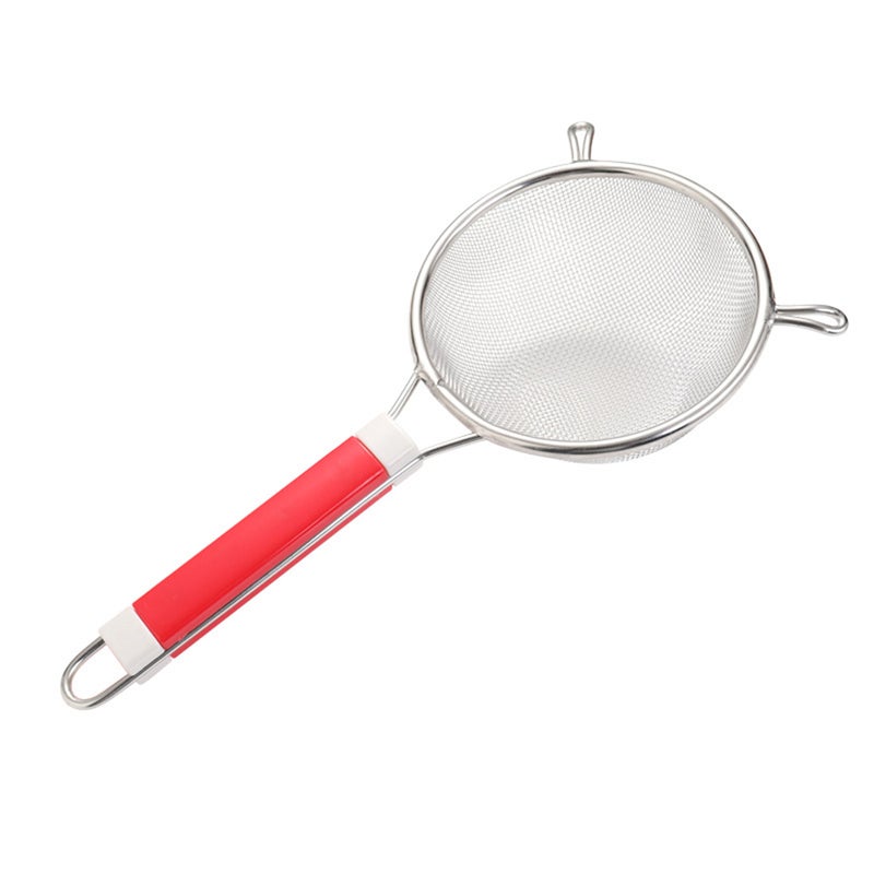 Stainless Steel Wire Mesh Colander Handle Strainer Kitchen Serving Skimmer for Home Cooking (16cm, Sliver, Red) - Image 1