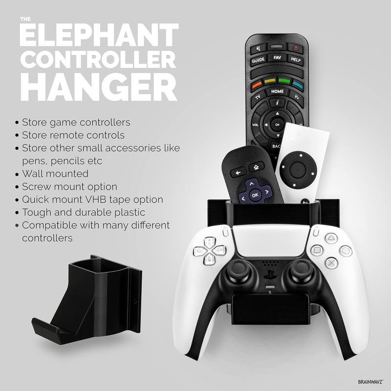 BRAINWAVZ The Elephant - Game Controller & TV Remote Control Wall Mount Holder, Adhesive & Screw In, Universal Design for Xbox ONE PS5 PS4 PC Gamepads, Reduce Clutter - Image 2