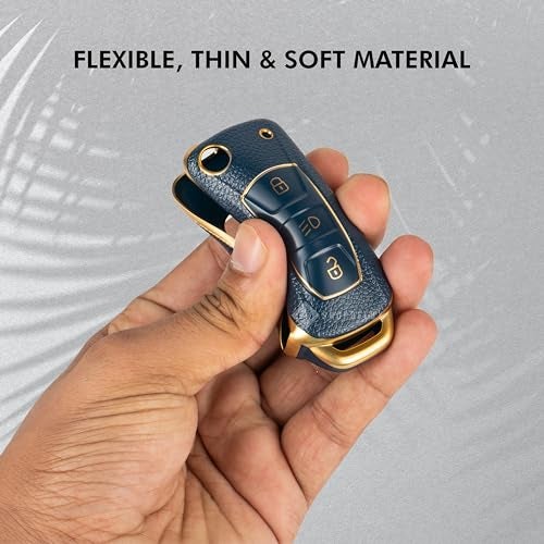 SHOPOFLUX TPU Leather Key Cover Compatible with Tata Tiago | Nexon | Altroz | Curvv | Safari | Storme | Zest | Bolt | Tigor | Punch | Hexa 3 Button Flip Key (Blue Gold) - Image 4