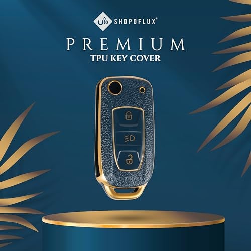 SHOPOFLUX TPU Leather Key Cover Compatible with Tata Tiago | Nexon | Altroz | Curvv | Safari | Storme | Zest | Bolt | Tigor | Punch | Hexa 3 Button Flip Key (Blue Gold) - Image 5
