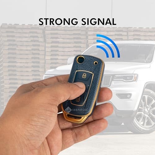 SHOPOFLUX TPU Leather Key Cover Compatible with Tata Tiago | Nexon | Altroz | Curvv | Safari | Storme | Zest | Bolt | Tigor | Punch | Hexa 3 Button Flip Key (Blue Gold) - Image 3