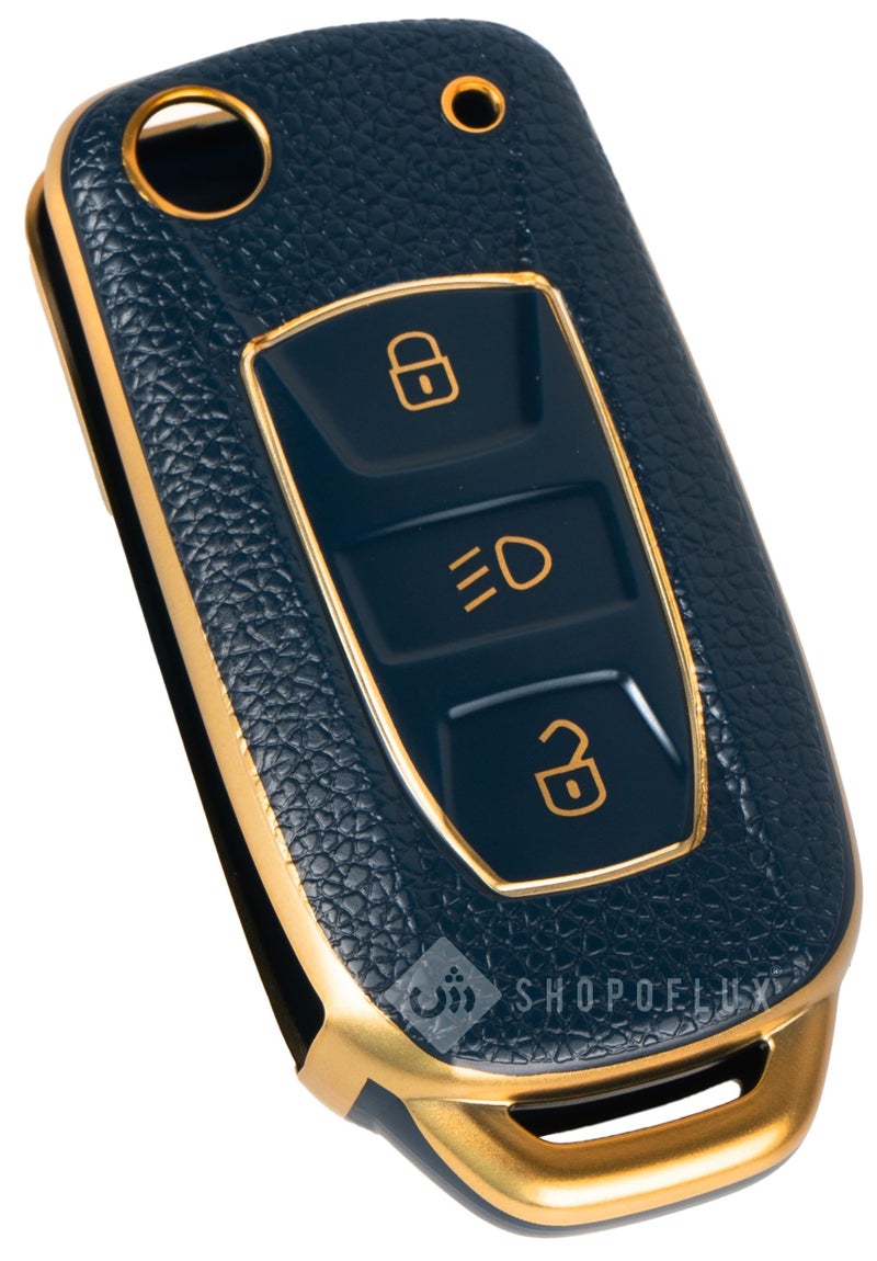 SHOPOFLUX TPU Leather Key Cover Compatible with Tata Tiago | Nexon | Altroz | Curvv | Safari | Storme | Zest | Bolt | Tigor | Punch | Hexa 3 Button Flip Key (Blue Gold) - Image 1
