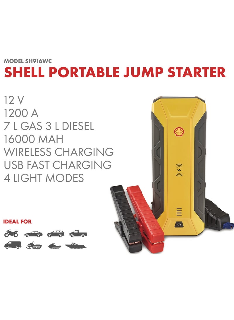 Shell Jump Starter - Shell Portable Car jump Starter 12V/1200Ahm with Wireless mobile charging 16.000mAh , 3 mode searching light - Image 1