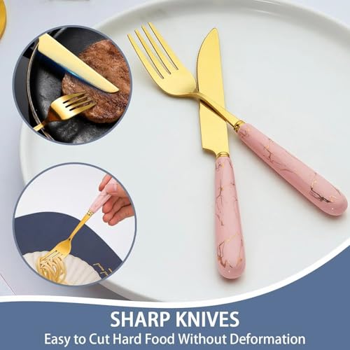 Artek Stainless Steel Spoons, Forks & Knives Set of 24 with Stand and Ceramic Handle Golden Cutlery Set (Pink) - Image 3