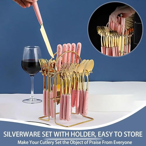 Artek Stainless Steel Spoons, Forks & Knives Set of 24 with Stand and Ceramic Handle Golden Cutlery Set (Pink) - Image 5