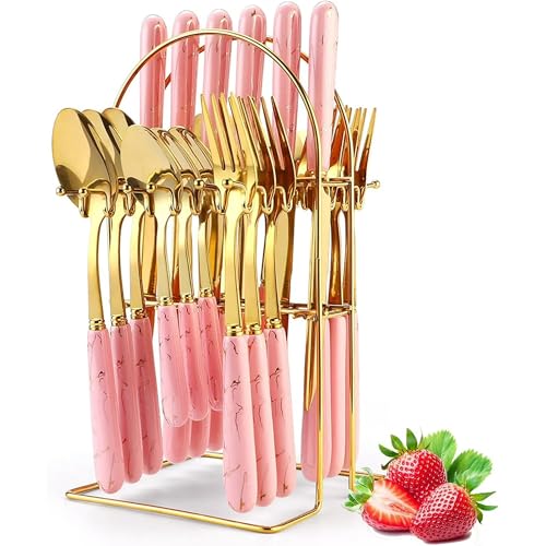 Artek Stainless Steel Spoons, Forks & Knives Set of 24 with Stand and Ceramic Handle Golden Cutlery Set (Pink) - Image 1