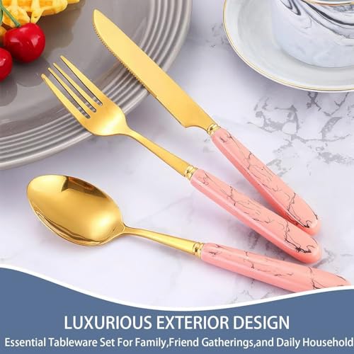 Artek Stainless Steel Spoons, Forks & Knives Set of 24 with Stand and Ceramic Handle Golden Cutlery Set (Pink) - Image 2