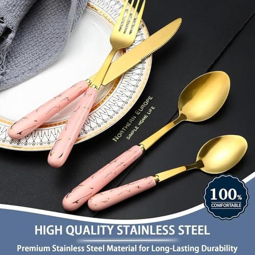 Artek Stainless Steel Spoons, Forks & Knives Set of 24 with Stand and Ceramic Handle Golden Cutlery Set (Pink) - Image 4