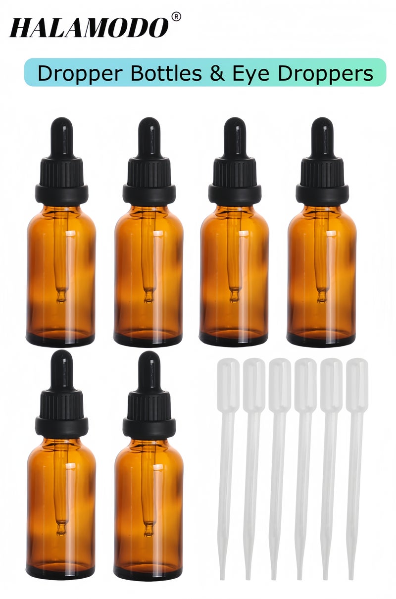 HALAMODO 6 Pack, 30ml Dropper Bottles with 6 Eye Droppers Essential Oils Bottles for Personal Care, Thick Dark Amber Glass Tincture Leakproof Bottle - Image 1