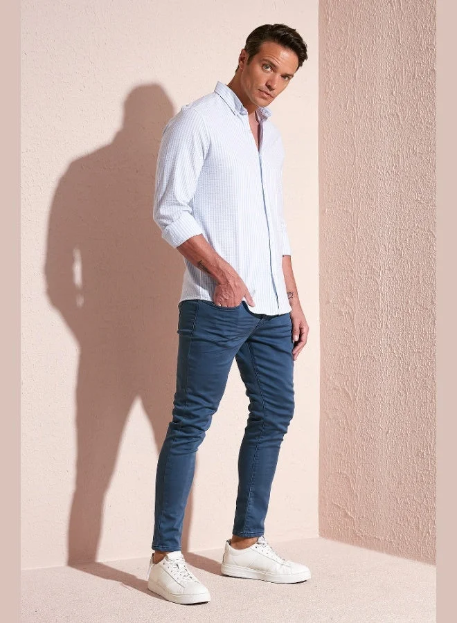 بوراتي قميص رجالي قطني مخطط بياقة بأزرار وأكمام طويلة بقصة عادية