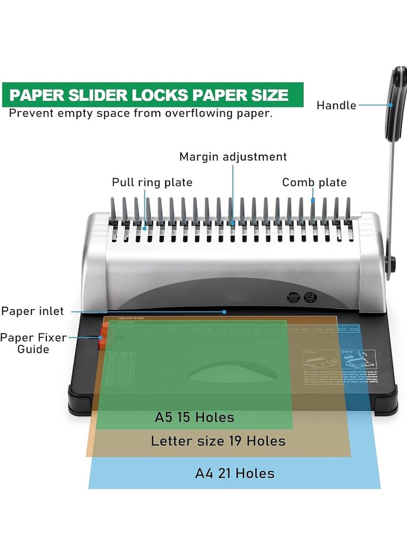 Kidle Binding Machine, Comb Binding Machine 21-Holes Binding 450 Sheets, Book Binder Machine with 100 PCS 3/8'' Comb Binding Spines, for Letter Size, A4, A5 - Image 4