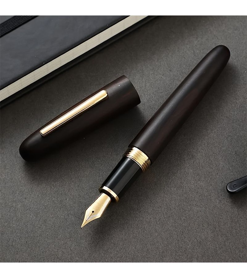 Wooden Body Fountain Pen With Golden Accents M Nib Ebony Vintage Design For Calligraphy And Business Use - Image 1