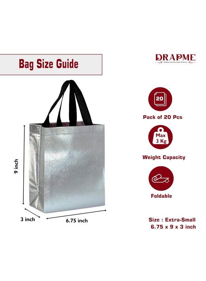 Drapme Extra-Small Size Pack of 20 Pcs Glossy Metallic Laminated Non-Woven Reusable Eco-Friendly Party Return Gift Bags (Silver) (Extra-Small 6.75x9x3 Inch) - Image 2