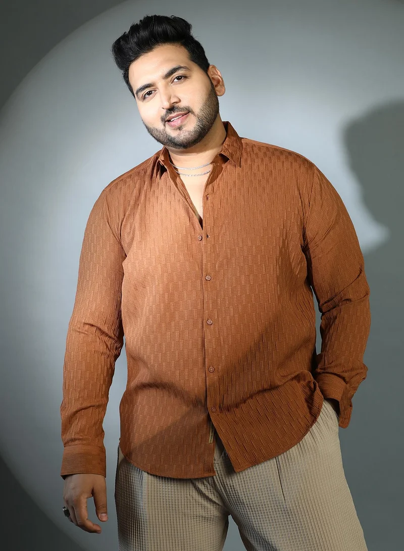 Instafab Plus Instafab Plus Men's Sienna Brown Ruche-Tactile Shirt For Casual Wear | Spread Collar | Long Cuffed Sleeves | Button Closure | Plus Size Shirt Crafted With Comfort Fit For Everyday Wear