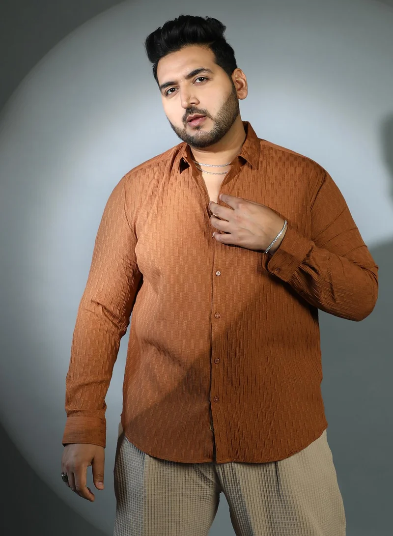 Instafab Plus Instafab Plus Men's Sienna Brown Ruche-Tactile Shirt For Casual Wear | Spread Collar | Long Cuffed Sleeves | Button Closure | Plus Size Shirt Crafted With Comfort Fit For Everyday Wear