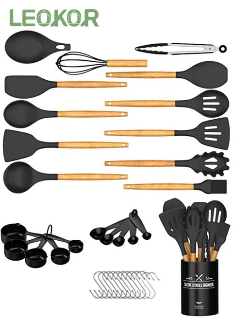 24 pcs Kitchen Cooking Utensils Set Wooden Handle Non-Stick Silicone Cooking Kitchen Utensils Spatula Set with Holder