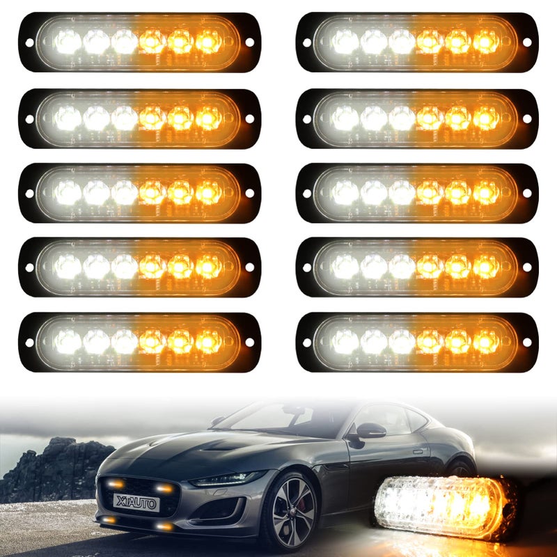 XTAUTO 10pcs LED Emergency Strobe Light, 6-LED Ultra Slim Surface Mount Flashing Warning Beacon Hazard Construction Caution Grille Light Bar for Truck Car Off Road Vehicles SUV ATV (Amber White) - Image 1