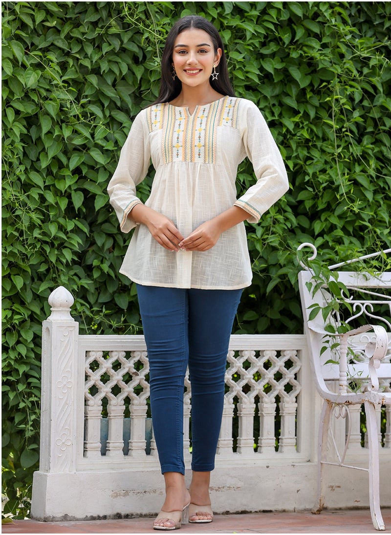 Swadesh Souq - Women's Off-White Solid Cotton Top - Image 1