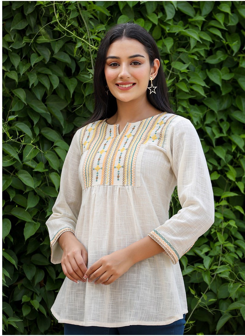 Swadesh Souq - Women's Off-White Solid Cotton Top - Image 1
