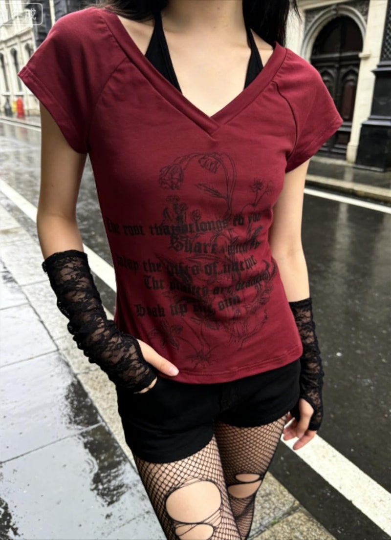 MANGMAO Emo Grunge Shirts Women 2000s Graphic Baby Tees Fake Two Piece Short Sleeve Vintage Y2k Crop Top Goth Alt Clothe (Red Black,Small) - Image 3