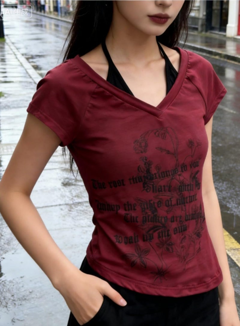 MANGMAO Emo Grunge Shirts Women 2000s Graphic Baby Tees Fake Two Piece Short Sleeve Vintage Y2k Crop Top Goth Alt Clothe (Red Black,Small) - Image 2