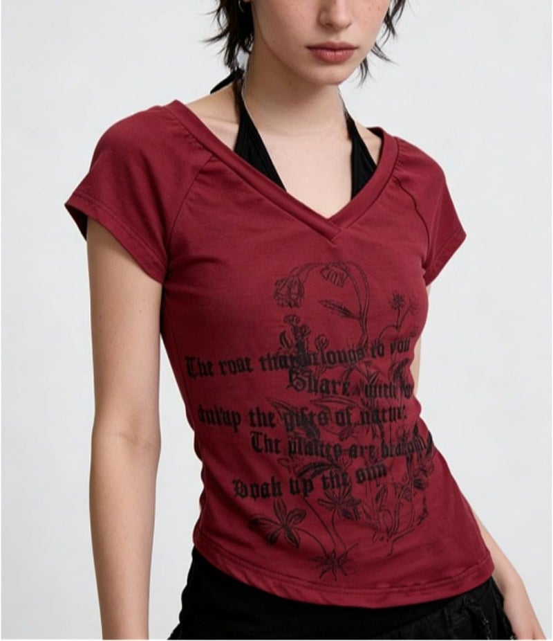 MANGMAO Emo Grunge Shirts Women 2000s Graphic Baby Tees Fake Two Piece Short Sleeve Vintage Y2k Crop Top Goth Alt Clothe (Red Black,Small) - Image 4