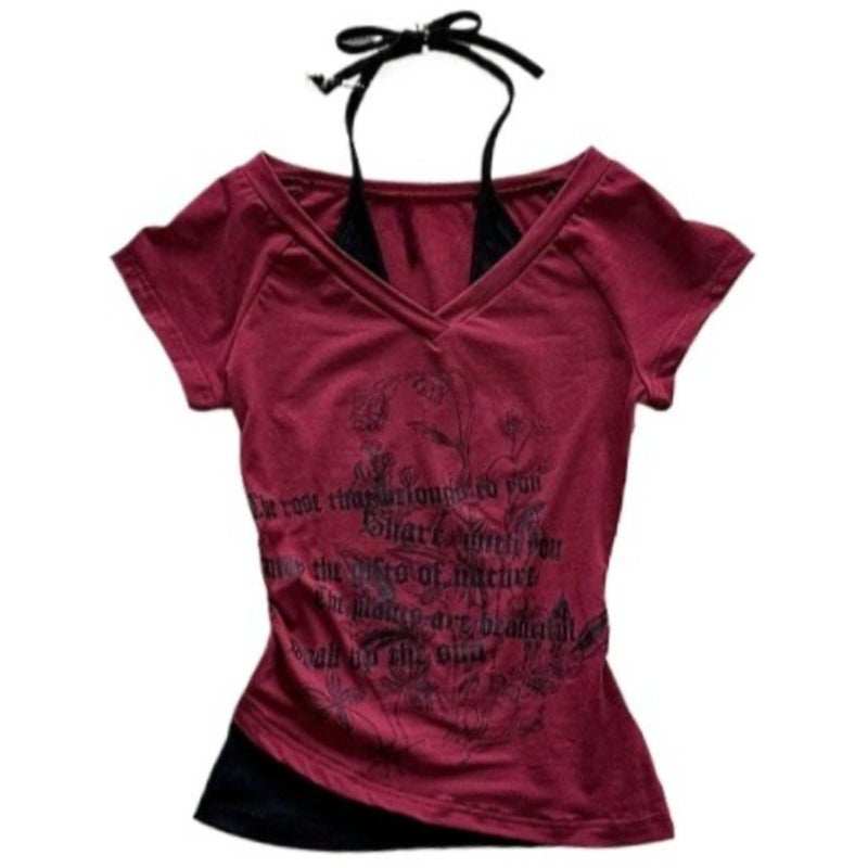 MANGMAO Emo Grunge Shirts Women 2000s Graphic Baby Tees Fake Two Piece Short Sleeve Vintage Y2k Crop Top Goth Alt Clothe (Red Black,Small) - Image 1