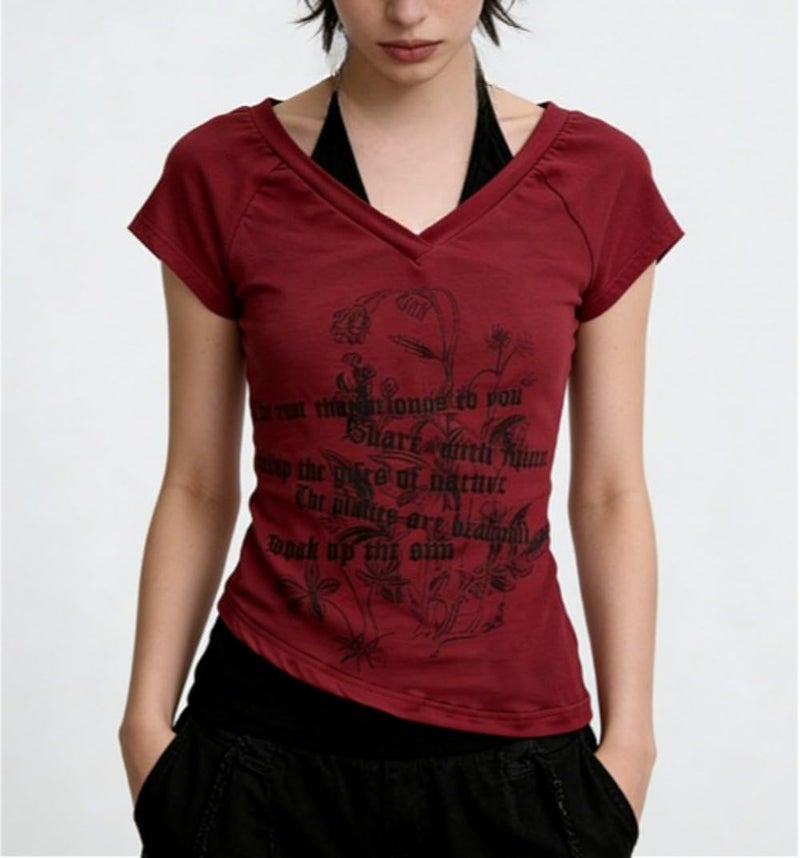 MANGMAO Emo Grunge Shirts Women 2000s Graphic Baby Tees Fake Two Piece Short Sleeve Vintage Y2k Crop Top Goth Alt Clothe (Red Black,Small) - Image 5