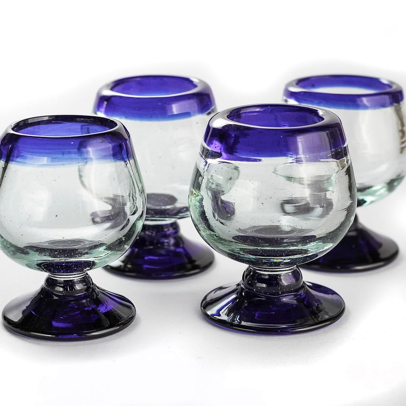 MEXTEQUIL  Authentic Mexican Tequila Hand Blown Shot Glasses  Set of 42 oz  Mini Glass Snifters  Heavy Base  Cognac Cobalt Blue Rim