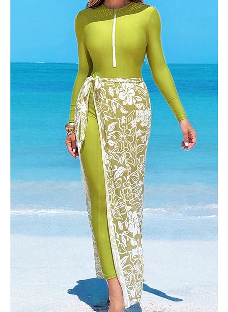 Burkini, swimwear for Muslim women, elegant full-coverage modest swimwear, holiday style swimsuit. Front zip long-sleeve one-piece swimsuit + high-waisted pants + floral print tie cover-up skirt. Slim-fit cut, premium color matching, high elasticity polyester, quick-drying & sun protection, multiple sizes available. Essential set for beach vacation / swimming and surfing, Size XL - Image 1