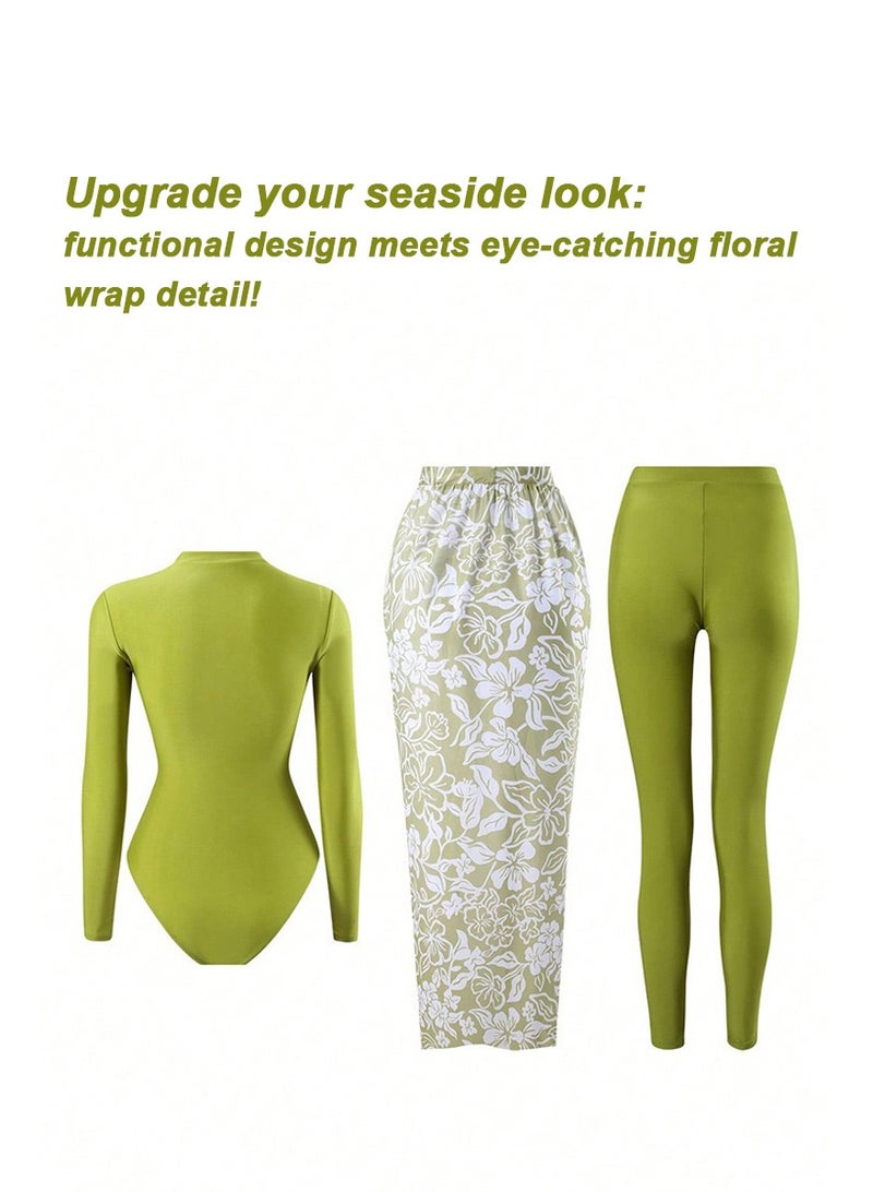 Burkini, swimwear for Muslim women, elegant full-coverage modest swimwear, holiday style swimsuit. Front zip long-sleeve one-piece swimsuit + high-waisted pants + floral print tie cover-up skirt. Slim-fit cut, premium color matching, high elasticity polyester, quick-drying & sun protection, multiple sizes available. Essential set for beach vacation / swimming and surfing, Size XL - Image 3