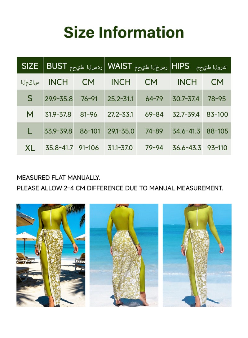 Burkini, swimwear for Muslim women, elegant full-coverage modest swimwear, holiday style swimsuit. Front zip long-sleeve one-piece swimsuit + high-waisted pants + floral print tie cover-up skirt. Slim-fit cut, premium color matching, high elasticity polyester, quick-drying & sun protection, multiple sizes available. Essential set for beach vacation / swimming and surfing, Size XL - Image 5