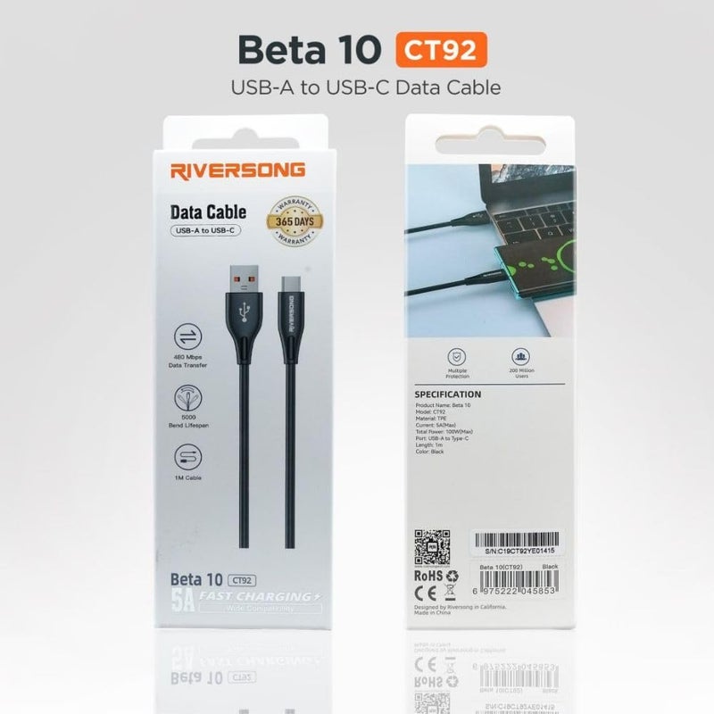 ريفرسونج كابل من USB-A إلى USB-C بطول 1 متر، شحن سريع 2.4 أمبير، نقل بيانات بسرعة 480 ميجابت/ثانية، مادة TPE متينة، عمر انحناء يتجاوز 5000 مرة، سلك شاحن من النوع C للأجهزة التي تعمل بنظام Android والأجهزة اللوحية وأجهزة USB-C، موديل CT92 - Image 2