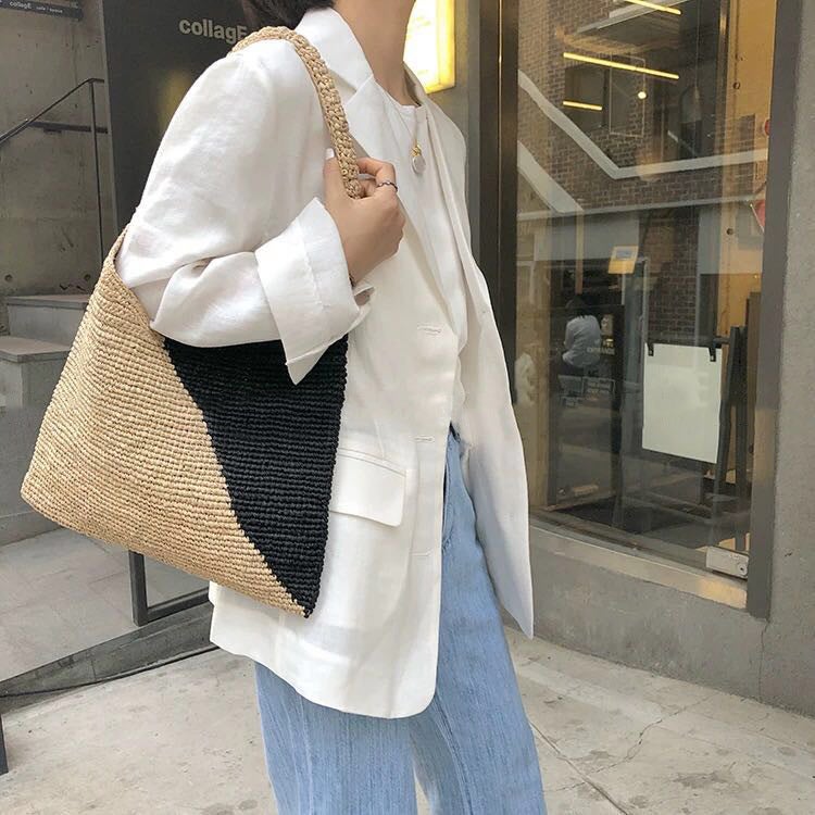 Korean Style Fashionable Straw Bag Shoulder Handbag Straw Bag Woven Bag Holiday Beach Bag Color-Matching Women'S Bag - Image 1