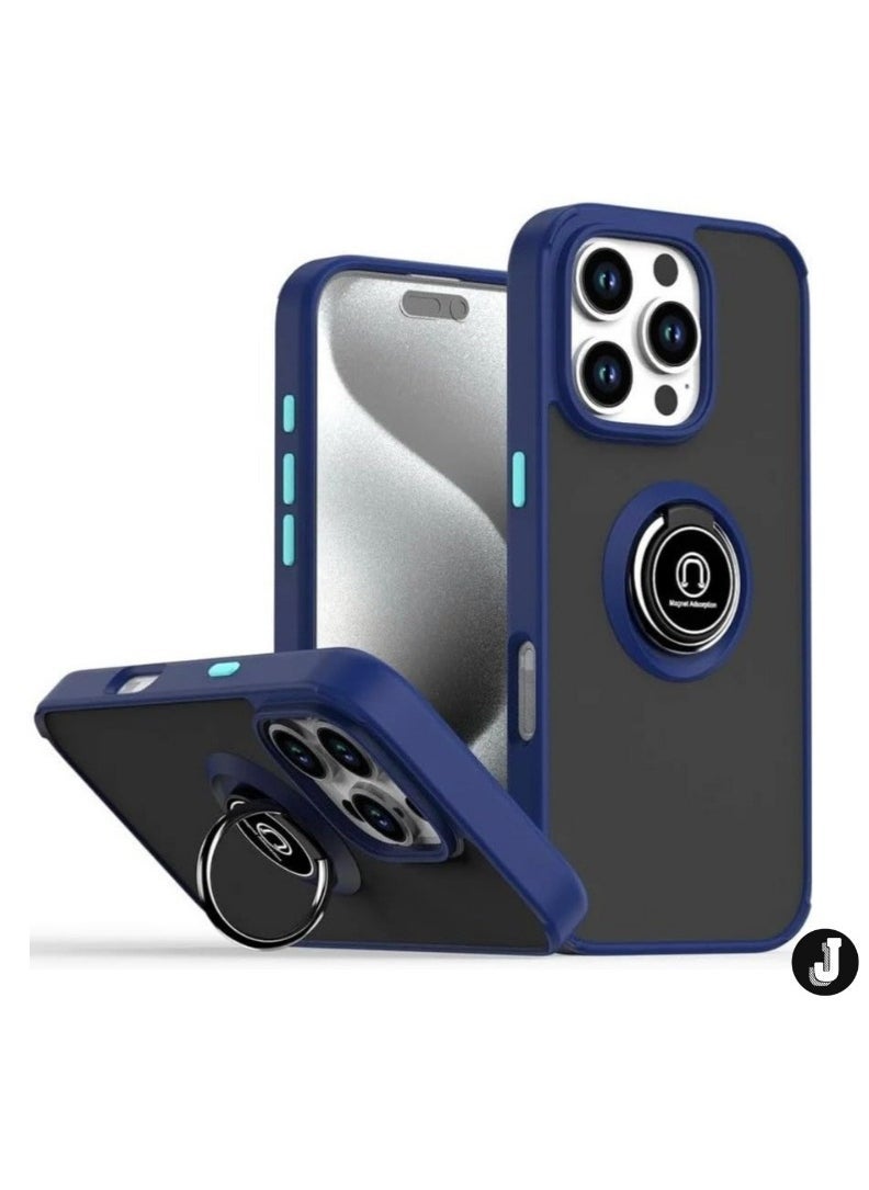JAJEEK iPhone 16 Pro Max Case Cover – Blue Matte Shockproof Bumper with Metal Ring Holder Kickstand & Car Magnetic Mount - Image 1