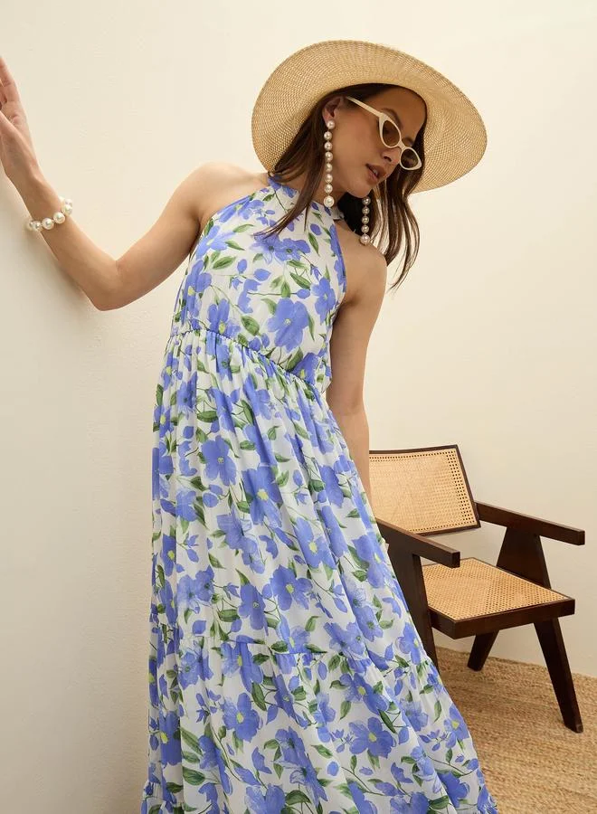 SASSAFRAS Sassafras Blue Floral Print Halter Neck Maxi Dress