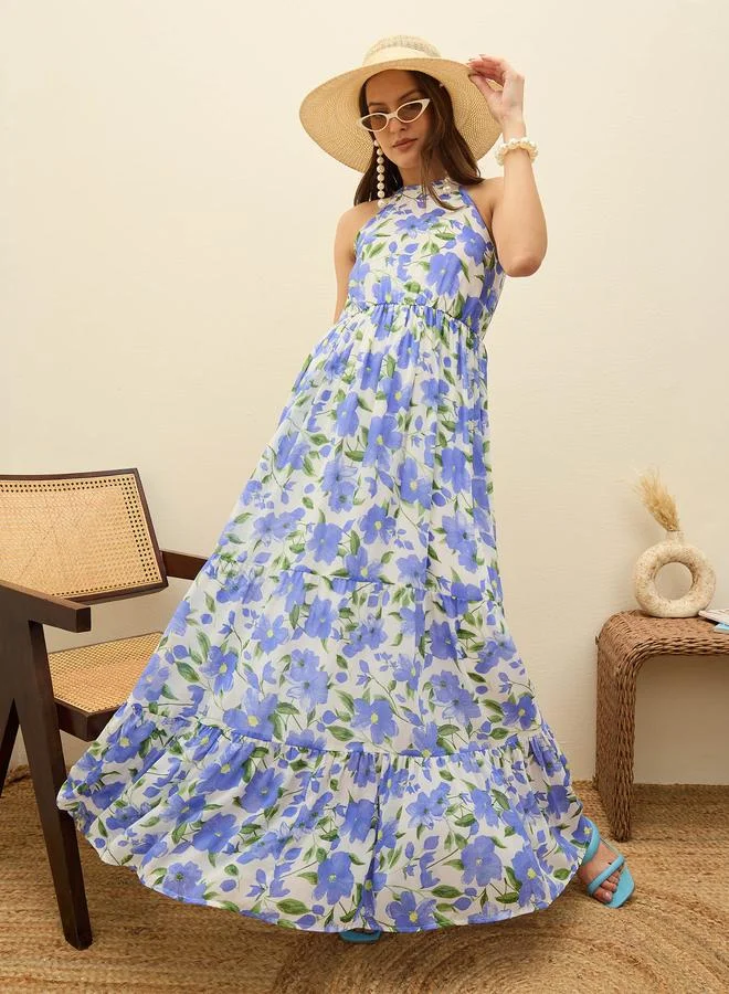 SASSAFRAS Sassafras Blue Floral Print Halter Neck Maxi Dress