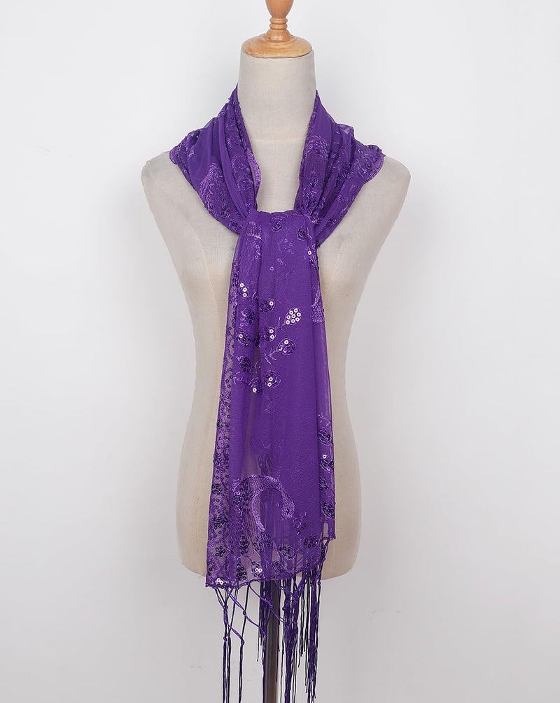 L'VOW Women's Glittering 1920s Scarf Mesh Sequin Wedding Cape Fringed Evening Shawl Wrap(Z1-Purple) - Image 2